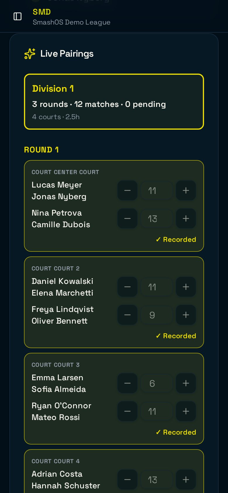 SmashOS scoring screen on a phone, showing round one pairings on four courts with plus and minus score buttons
