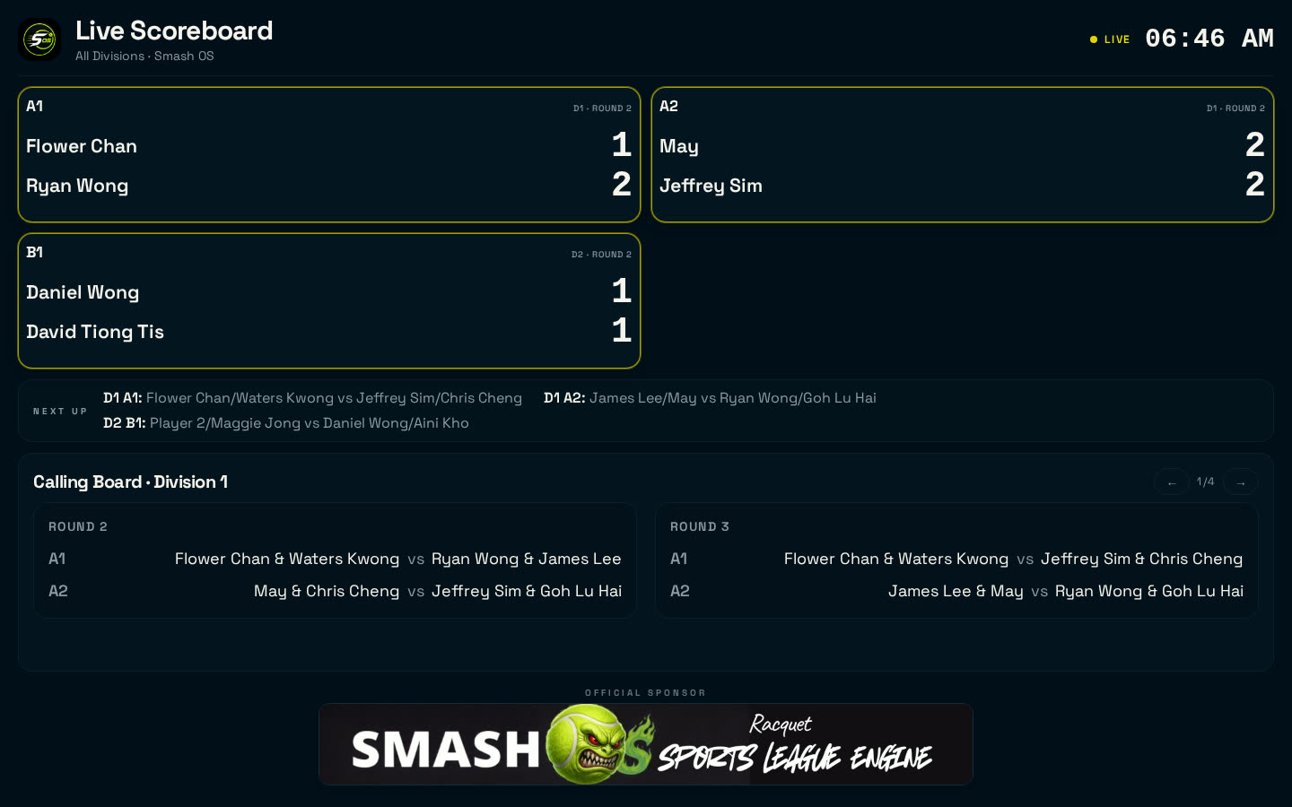 SmashOS live spectator scoreboard on a venue TV, showing court scores, next-up matches and the calling board